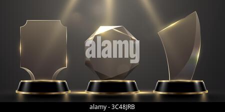 Ensemble de trophée de prix de verre. Modèle de prix transparent. Vainqueur du concept de la première place. Illustration vectorielle. Illustration de Vecteur