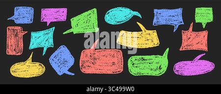 Ensemble vectoriel de bulles de parole colorées excentriques et de nuages sur bg noir. Style squiggle de cire et de charbon de bois sur fond de tableau noir, parfait pour l'école ou Illustration de Vecteur
