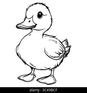 Un caneton vecteur de dessin animé mignon avec un corps rond, de grands yeux et une expression ludique. Le caneton se tient debout avec ses ailes légèrement relevées, voir Illustration de Vecteur