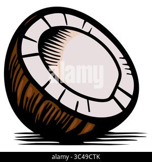 Illustration vectorielle stylisée d'une noix de coco, mettant en valeur sa coquille extérieure brune et sa chair intérieure blanche. La noix de coco est représentée dans un posi légèrement incliné Illustration de Vecteur