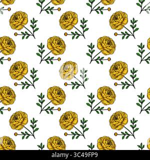 Un motif vectoriel sans couture avec des fleurs de ranoncule jaunes et des feuilles vertes sur un fond blanc. Le design est vibrant et floral, parfait pour te Illustration de Vecteur
