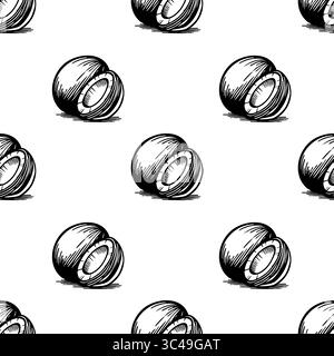 Un motif vectoriel sans couture de noix de coco dessinée à la main en noir et blanc. Les noix de coco sont représentées dans différentes orientations, mettant en valeur leur forme ronde et Illustration de Vecteur