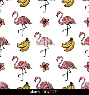 Un motif vectoriel sans couture avec des flamants roses, des bananes jaunes et de la plumeria rose sur un fond blanc. Le design est ludique et tropical, perfe Illustration de Vecteur