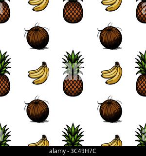 Un motif vectoriel sans couture avec des illustrations d'ananas, de bananes et de noix de coco sur un fond blanc. Les fruits sont cartoonish et colorés, Illustration de Vecteur