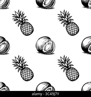 Un motif vectoriel sans couture avec des ananas dessinés à la main et de la noix de coco sur un fond blanc. Le design est ludique et adapté aux textiles ou au wallpa Illustration de Vecteur