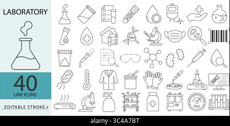 Une icône de laboratoire dans un style minimaliste avec trait modifiable. Équipement médical, symboles scientifiques, laboratoire de chimie, outils de biologie, recherche en soins de santé Illustration de Vecteur