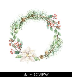 Couronne de Noël avec branches de sapin, eucalyptus, fleur de poinsettia blanc, pommes de pin et brins de baies rouges illustration isolée à l'aquarelle. Main d Banque D'Images