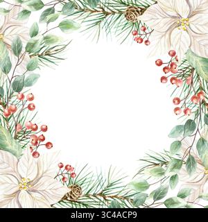 Cadre de Noël avec branches de sapin, eucalyptus, fleurs de poinsettia blanc, pommes de pin, une branche de baies rouges illustration aquarelle isolée. dra main Banque D'Images