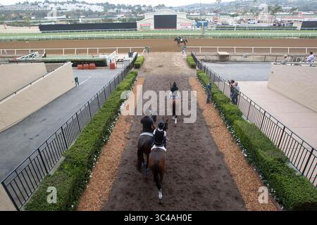 10 juillet 2018 - San Diego, CA, USA - SAN DIEGO, CA.-16 juillet 2018,- beaucoup d'activité sur le circuit de Del Mar lundi matin alors que les entraîneurs préparaient leurs chevaux pour l'ouverture de la saison Thoroughbred Racing mercredi. PHOTO/JOHN GIBBINS photographe, San Diego Union-Tribune. â©2018 (crédit image : © John Gibbins/San Diego Union-Tribune via ZUMA Wire) Banque D'Images