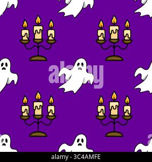 Motif d'Halloween vectoriel sans couture avec fantômes fantaisistes et bougeoirs ornés sur un fond violet vif, créant un spo ludique et pourtant Illustration de Vecteur