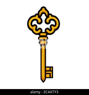 Une illustration vectorielle d'une clé dorée ornée vintage, avec des détails complexes dans sa tête et un peu simple, isolé sur un fond blanc. Illustration de Vecteur