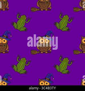 Motif d'Halloween vectoriel sans couture avec des hiboux fantaisistes sur des balais, tenant des clés et des grenouilles ludiques sur un fond violet vibrant, parfait pour Illustration de Vecteur