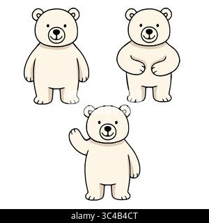 Adorable illustration vectorielle mettant en vedette trois poses uniques d'un ours polaire de dessin animé, parfait pour les livres d'enfants, les cartes de voeux, ou des dessins ludiques. Illustration de Vecteur