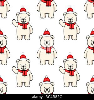 Motif vectoriel sans couture d'adorables ours polaires portant des chapeaux de Père Noël et des foulards rouges, parfait pour les conceptions hivernales festives. Illustration de Vecteur