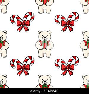 Modèle vectoriel sans couture avec des ours polaires adorables tenant des cadeaux et des cannes de bonbons avec des noeuds rouges, créant un design de Noël charmant parfait fo Illustration de Vecteur