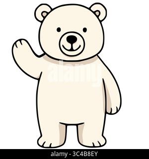 Adorable illustration vectorielle d'un ours polaire amical saluant, présentant un style de dessin animé simpliste mais charmant avec des contours audacieux et un beig doux Illustration de Vecteur