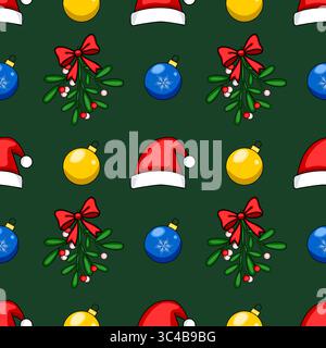 Motif de Noël vectoriel sans couture avec chapeaux de Père Noël, gui et boules en rouge vif, jaune et bleu sur un fond vert foncé, idéal pour festi Illustration de Vecteur