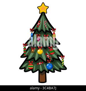 Illustration vectorielle festive d'un arbre de Noël décoré avec des ornements colorés, des cannes de bonbons et des arcs, parfaits pour les conceptions de vacances. Illustration de Vecteur