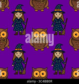 Modèle vectoriel sans couture avec une mignonne sorcière avec une robe étoilée et un balai, accompagné d'adorables hiboux tenant des clés dorées, le tout mis contre une vibr Illustration de Vecteur