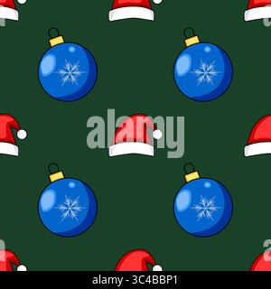 Motif vectoriel sans couture avec des boules de Noël bleues gaies avec des flocons de neige et des chapeaux de Père Noël sur un fond vert foncé, idéal pour les motifs festifs Illustration de Vecteur