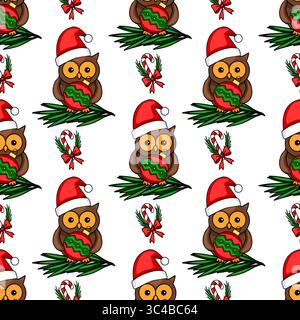 Motif de Noël vectoriel sans couture avec des chouettes adorables dans des chapeaux de Père Noël, tenant des boules de Noël, nichées sur des branches de sapin, entrecoupées de bonbons c. Illustration de Vecteur