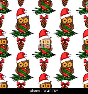 Motif de Noël vectoriel sans couture avec des chouettes adorables dans des chapeaux de Père Noël, tenant des boules de Noël, niché sur des branches de pin, complété par du pin con Illustration de Vecteur