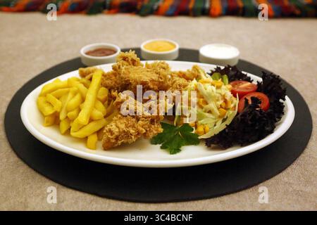 Tranches de poulet frites croustillantes avec frites, salade et sauces sur assiette blanche. Banque D'Images