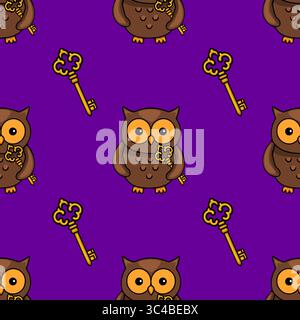 Motif vectoriel sans couture avec des chouettes brunes adorables tenant des clés dorées sur un fond violet vibrant, créant un des fantaisiste et enchanteur Illustration de Vecteur