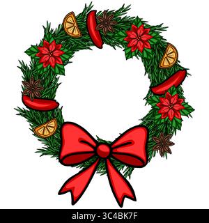 Illustration vectorielle de couronne de Noël festive avec des fleurs de poinsettia, des tranches d'orange, de l'anis étoilé et un arc rouge, parfait pour les conceptions de vacances. Illustration de Vecteur