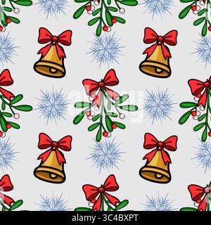Motif de Noël vectoriel sans couture avec des cloches dorées, des brins de gui et des flocons de neige, conçu dans un style de dessin animé dessiné à la main avec des contours audacieux et v. Illustration de Vecteur