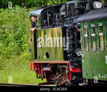 6 juillet 2025 - Rugen-Allemagne : une locomotive à vapeur de classe 99 du chemin de fer historique Rasender Roland part par une courbe forestière en tant que jeune ingénieur loo Banque D'Images