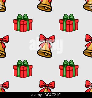 Motif de Noël vectoriel sans couture avec de charmantes illustrations dessinées à la main de cloches dorées avec des arcs rouges et des boîtes-cadeaux rouges avec des rubans verts, cre Illustration de Vecteur