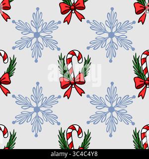 Motif de Noël vectoriel sans couture avec cannes de bonbons avec des arcs rouges, des branches de sapin et des flocons de neige délicats sur un fond gris clair, idéal pour fès Illustration de Vecteur