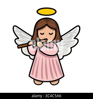 Illustration vectorielle adorable d'un ange chérubien jouant d'une flûte, représentée dans un style de dessin animé charmant avec des caractéristiques distinctes et des couleurs pastel. Illustration de Vecteur