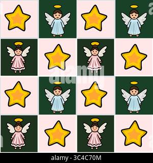 Motif vectoriel sans couture avec alternance d'anges de Noël et d'étoiles dans un style joyeux et dessiné à la main, parfait pour les motifs festifs. Illustration de Vecteur