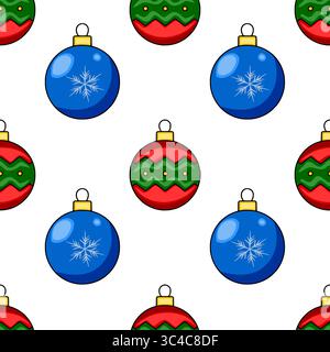 Modèle vectoriel sans couture d'ornements de Noël stylisés : boules rouges et vertes en zig-zag et boules bleues avec des flocons de neige, idéal pour le proj de design festif Illustration de Vecteur