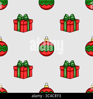 Motif de Noël vectoriel sans couture avec boîtes cadeaux rouges stylisées avec des noeuds verts et des boules de Noël rouges et vertes, créant un festif et playfu Illustration de Vecteur