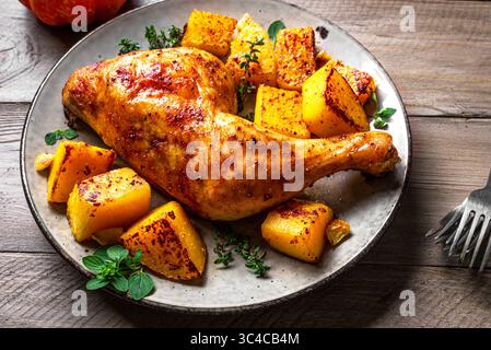 Quartier de poulet rôti et citrouille avec ail et herbes sur l'assiette de gros plan. Citrouille et dinde cuites au four, recette de repas d'automne de saison. Banque D'Images