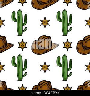 Un motif vectoriel répétitif avec des chapeaux de cow-boy, des badges de shérif et des cactus. Le design est coloré et ludique, idéal pour les proje à thème occidental Illustration de Vecteur