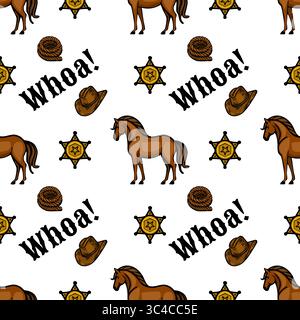 Un motif vectoriel ludique avec des chevaux bruns, des étoiles shérif, des chapeaux de cow-boy et le mot Whoa ! en caractères gras. Le design est coloré et amusant Illustration de Vecteur