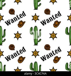 Un motif vectoriel ludique mettant en vedette des cactus, des étoiles de shérif, des chapeaux de cow-boy et le mot Wanted dans un thème occidental. Idéal pour la conception de tissu ou à thème Illustration de Vecteur