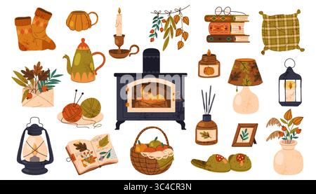 Eléments de décoration intérieure d'automne. Icône de vecteur pour la maison intérieure ou ornement de maison, meubles de chambre. Herbier d'automne en vase et chaussettes chaudes, pantoufles, bougie et pile de livres, cheminée. Thanksgiving. Illustration de Vecteur