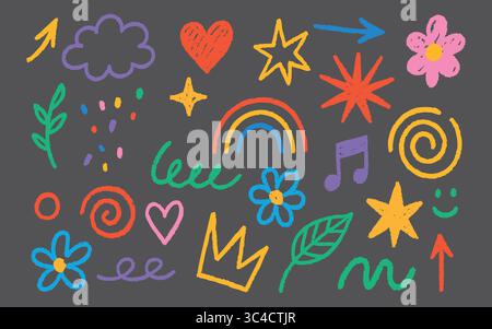 Elément de craie pour jardin d'enfants. Crayon griffonner icône arc-en-ciel et éléments de soleil avec coeur, question et flèche. Tourbillon de nuage et accents de fleur pour enfant Illustration de Vecteur