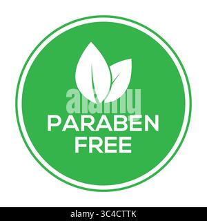 Conception de logo de timbre vectoriel libre de paraben. Étiquette ronde sans paraben vert avec icône de feuille adaptée à l'étiquette de produits naturels et sans produits chimiques Illustration de Vecteur