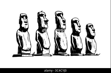Moai, statues monolithiques en pierre sur l'île de Pâques dans l'océan Pacifique. Formes isolées sur fond blanc, illustration vectorielle Illustration de Vecteur