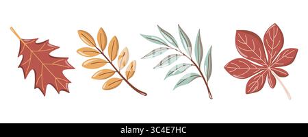 Feuilles d'automne serties d'érable, de châtaigne et de branches botaniques. Illustration isolée vectorielle sur fond blanc. Illustration de Vecteur