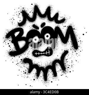 Texte graffiti boom qui ressemble à un emoji en colère pulvérisé avec de la peinture noire en aérosol Illustration de Vecteur