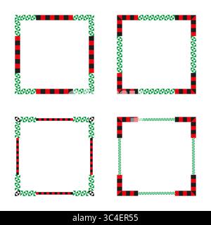 Cadres carrés géométriques. Rayures noires rouges et motifs verts. Contraste festif. Illustration de Vecteur