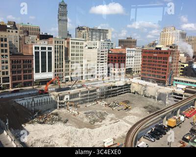 10 août 2018 - Detroit, mi, États-Unis - le projet du site Hudson au centre-ville de Detroit le 10 août 2018. Le projet est prévu comme le plus haut nouveau bâtiment de Detroit lorsqu'il ouvrira vers 2022, mais il n'en est encore qu'aux premiers stades de la construction. (Crédit image : © John Gallagher/TNS via ZUMA Wire) Banque D'Images