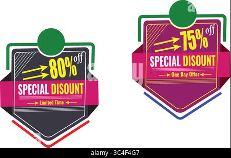 Vecteur d'escompte de style bouclier violet et vert de conception plate avec 75% et 80% de réduction offrir des badges Illustration de Vecteur